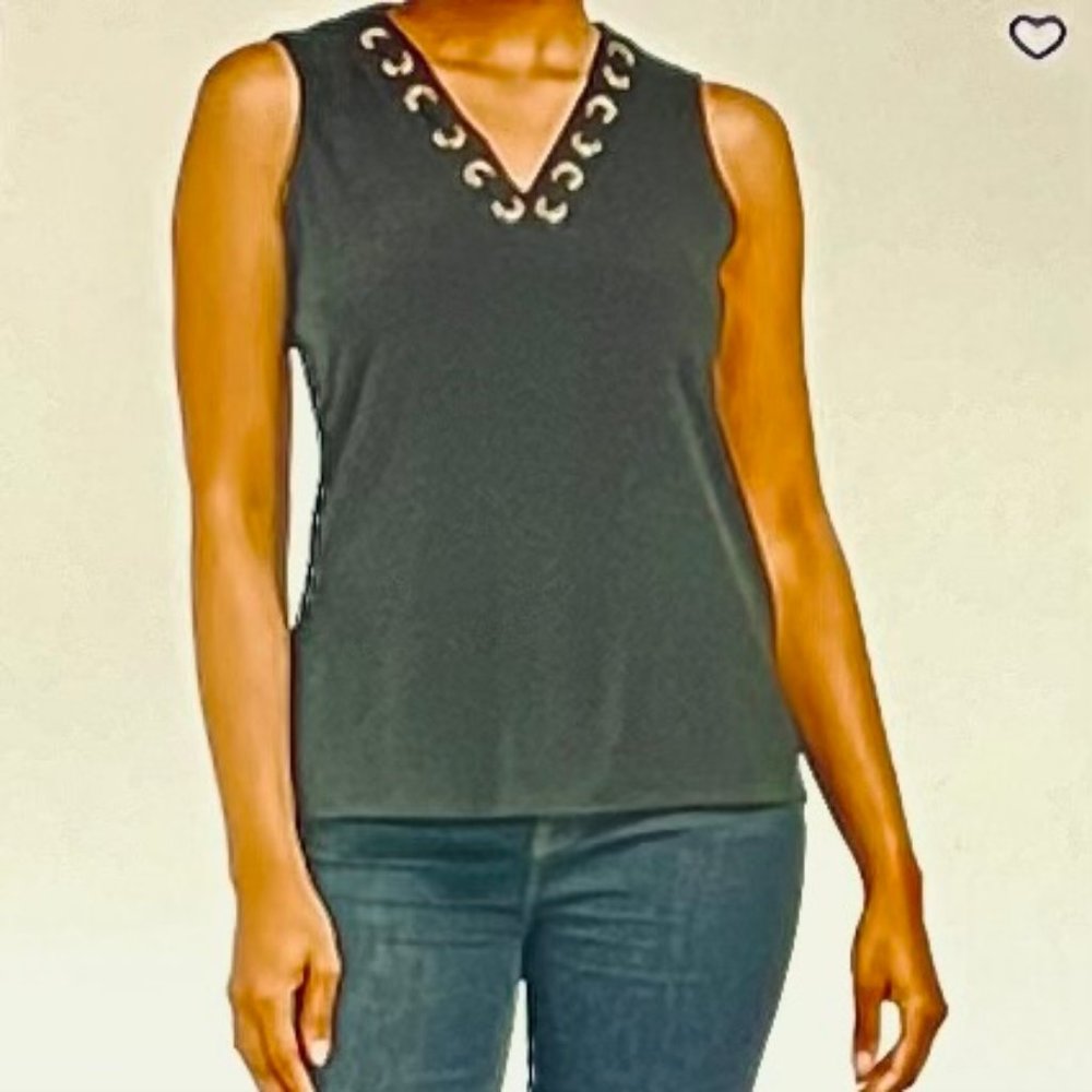 Carmen Marc Valvo Grommet Laced V-Neck Tank Top in Black (SP) New With Tags